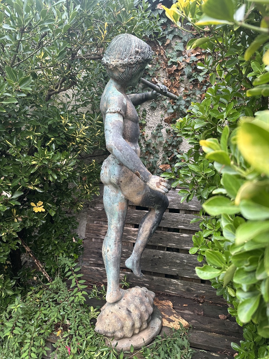 Park Sculpture – Young Faun Playing The Flute – Bronze And Iron Fountain-photo-6