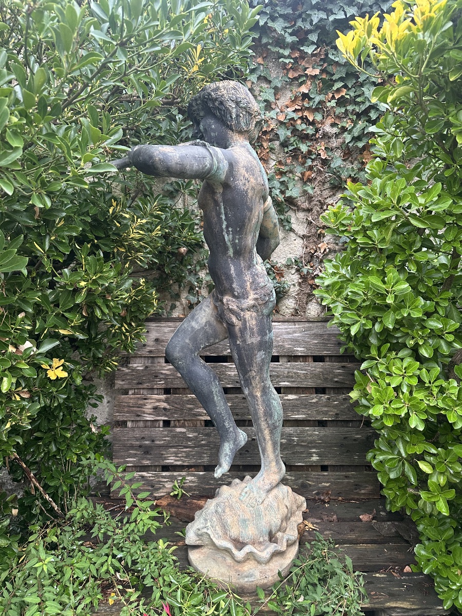 Park Sculpture – Young Faun Playing The Flute – Bronze And Iron Fountain