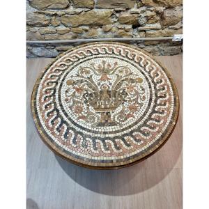 Importante table basse italienne en mosaïque de marbres polychromes et chêne massif Fin du XIXe
