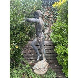 Park Sculpture – Young Faun Playing The Flute – Bronze And Iron Fountain