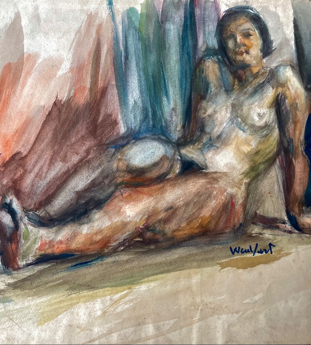 Marius Wulfart (1905-1991), Nu Féminin, Aquarelle Sur Papier Signée, 1934. école russe.-photo-1