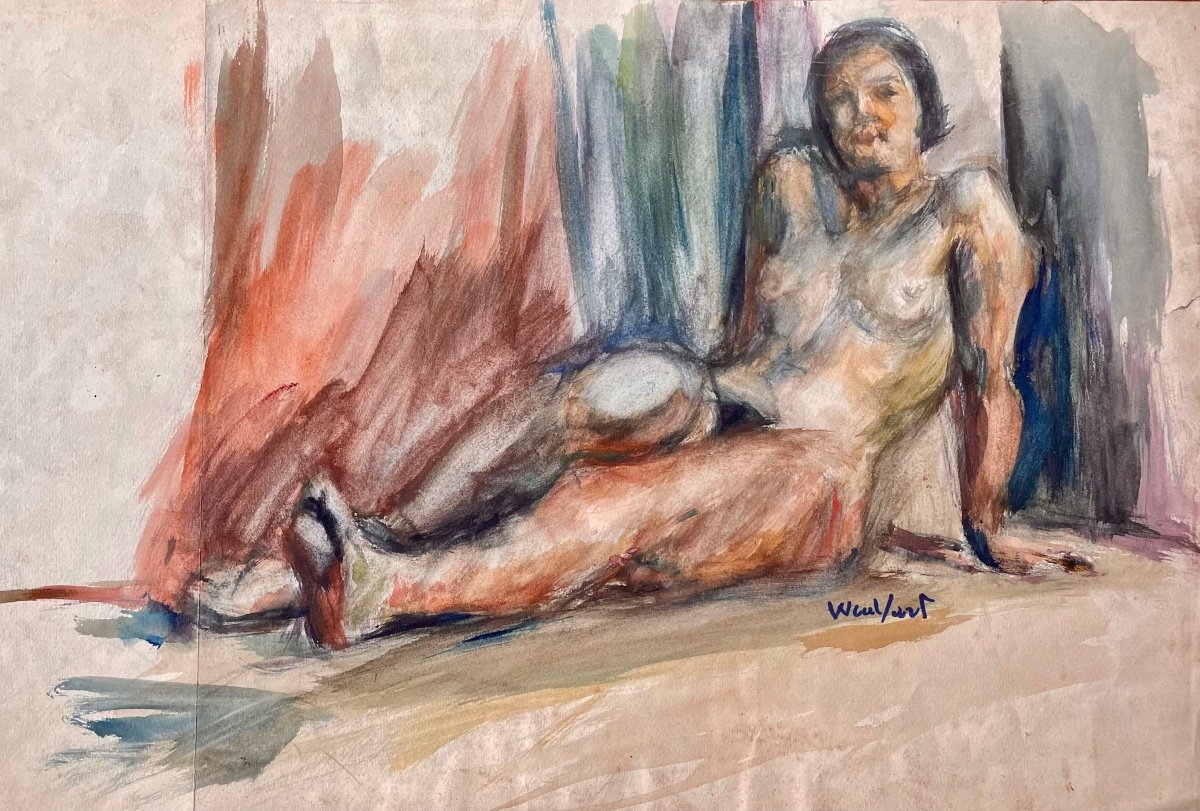 Marius Wulfart (1905-1991), Nu Féminin, Aquarelle Sur Papier Signée, 1934. école russe.