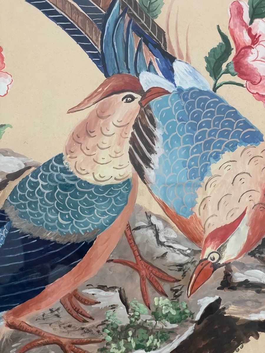 Grande Gouache Sur Papier Représentant Des Oiseaux Dans Le Style Chinoisant Monogrammé H.F.-photo-3
