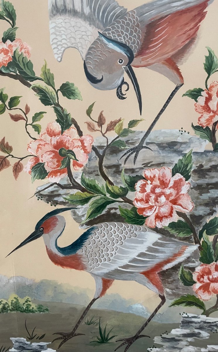 Gouache Sur Papier Représentant Des échassiers Dans Le Style Chinoisant monogrammée H.F.-photo-1