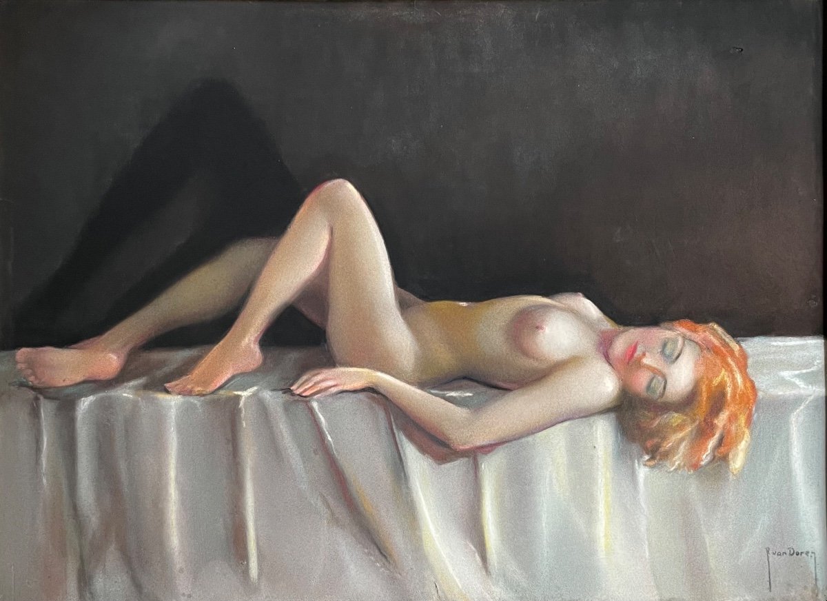 Raymond Van Doren, Reclining Nude, Large Pastel On Paper, Signed, Ca 1955, Belgian School, Framed-photo-4