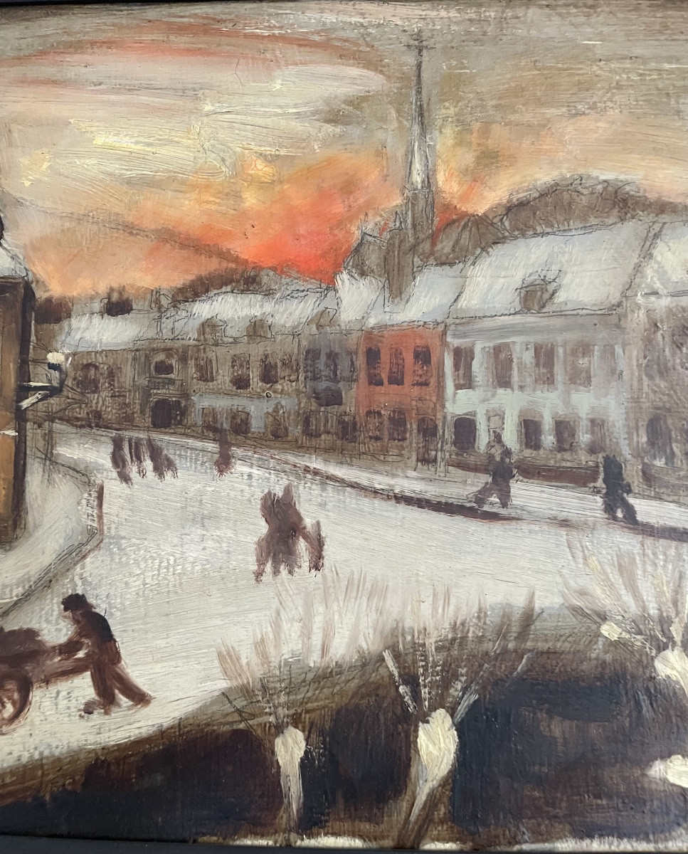 Marcel Gillis (1897-1972), Winter Scene, Hs Cardboard, Signed, Ca1935, Dim: 41x75, Framed.-photo-6