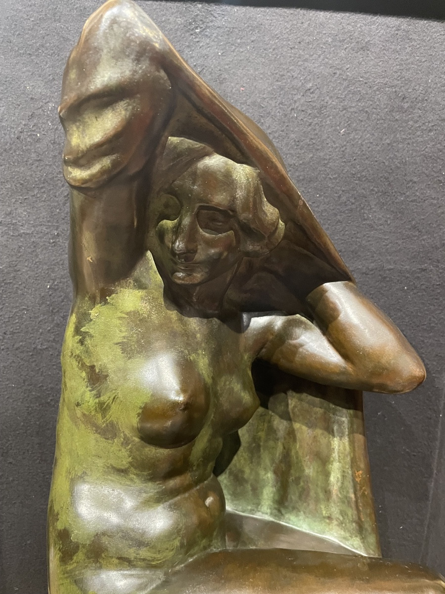 Etienne Nangels (1895-1960), nu féminin drapé, bronze, signée, patine verte nuancée, H. 58 cm-photo-3