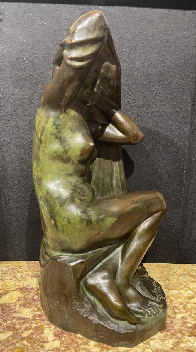 Etienne Nangels (1895-1960), nu féminin drapé, bronze, signée, patine verte nuancée, H. 58 cm-photo-1