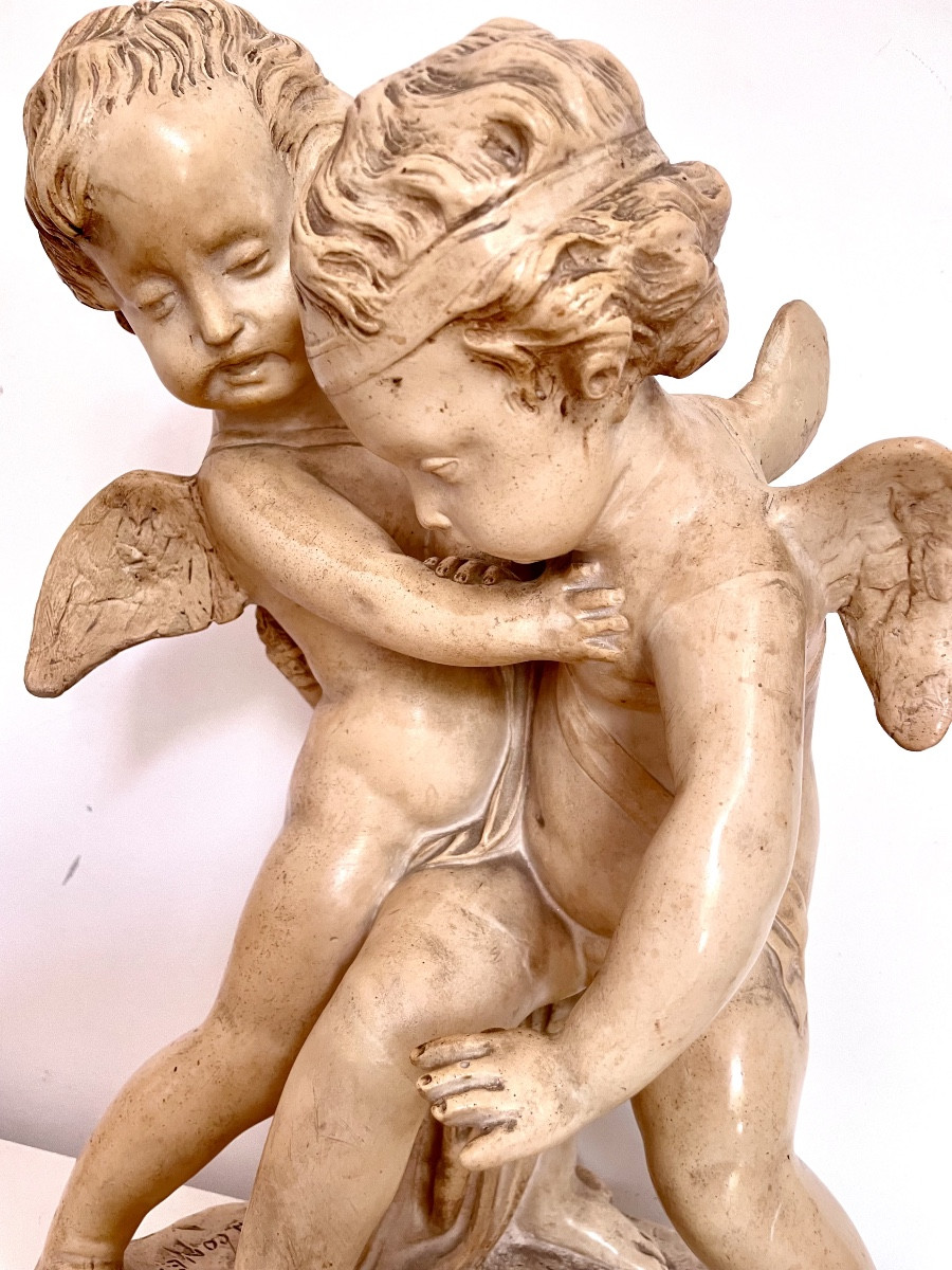 E. M. Falconet (d’après), deux Puttis se disputant, terre cuite, signé,  ca 1890,44x28 cm-photo-1