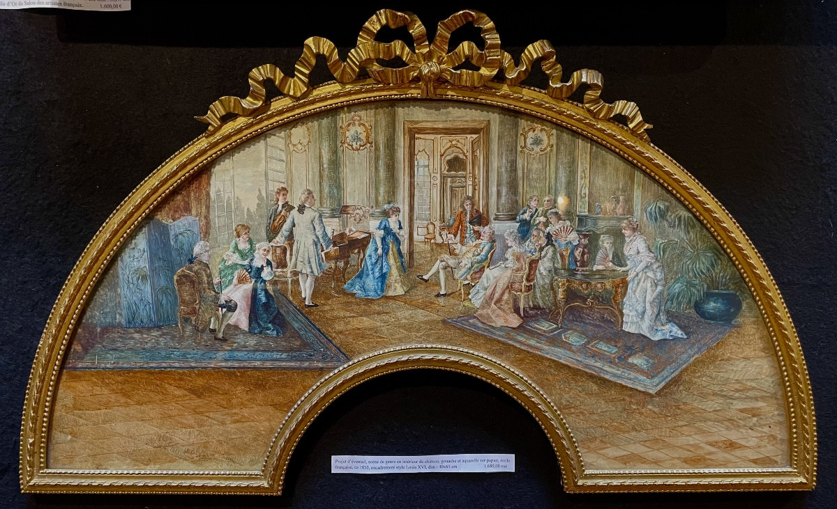 Fan Project, Genre Scene In A Castle Interior, Gouache And Watercolor /p., Ca 1850