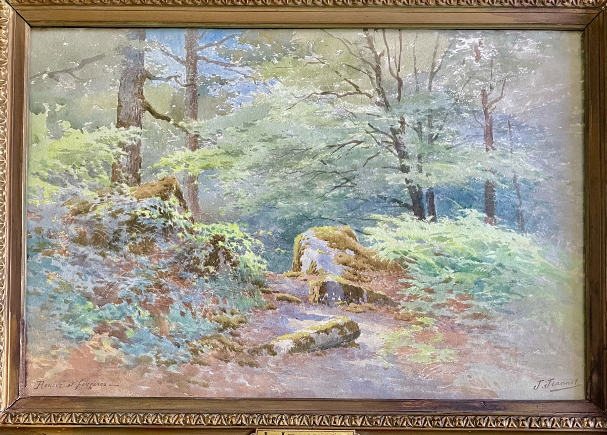 Joseph  C.M.  Jeannot (1855-1935),  clairière en forêt,  aquarelle, signée, titrée,  ca 1900.-photo-2