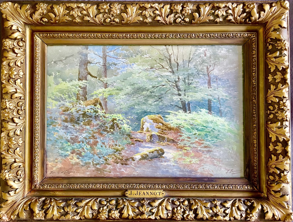 Joseph  C.M.  Jeannot (1855-1935),  clairière en forêt,  aquarelle, signée, titrée,  ca 1900.