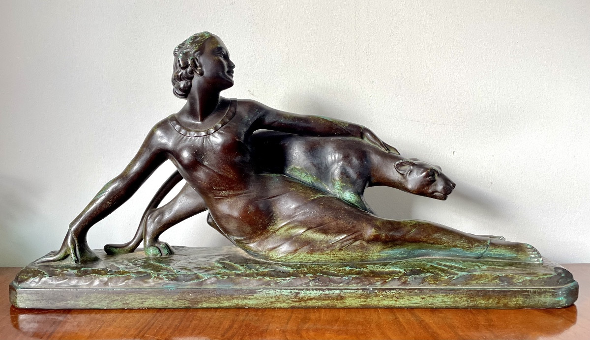 M. Secondo, Woman With Panther, Art Deco Plaster Signed And Dated 1928, Medal Patina -green,-photo-2