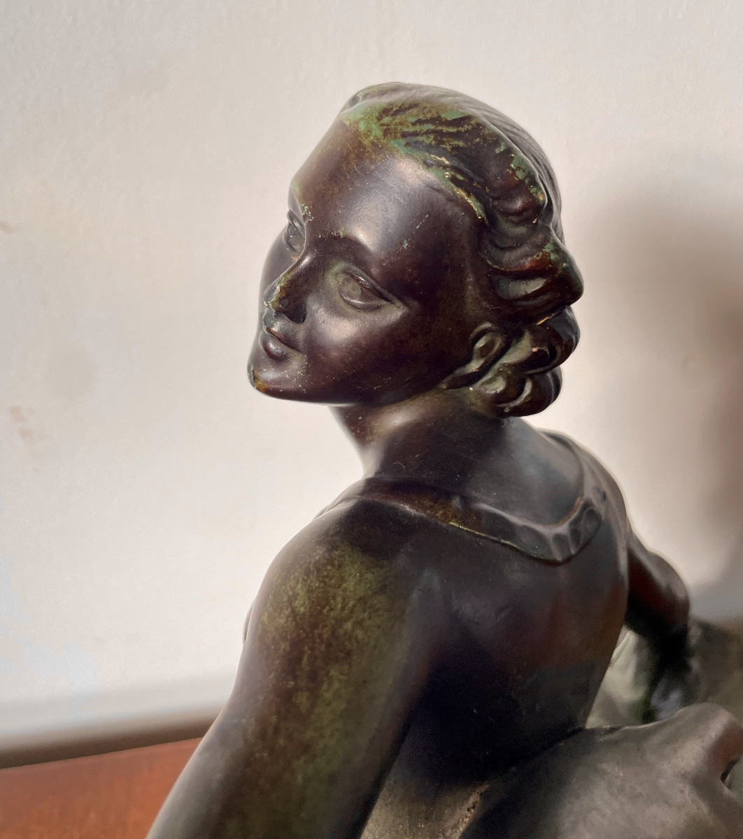 M. Secondo, Woman With Panther, Art Deco Plaster Signed And Dated 1928, Medal Patina -green,-photo-4