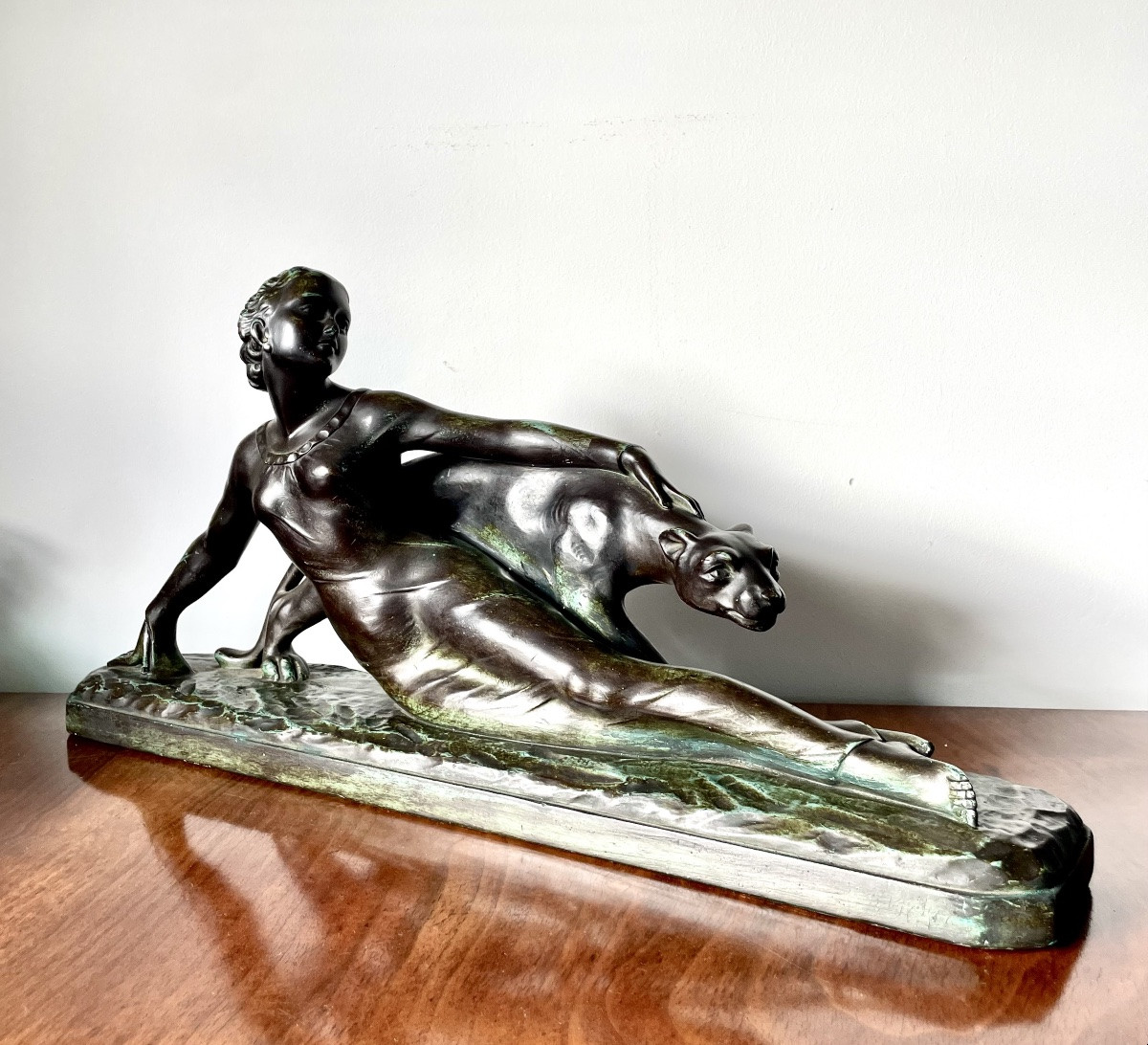 M. Secondo, Woman With Panther, Art Deco Plaster Signed And Dated 1928, Medal Patina -green,-photo-1