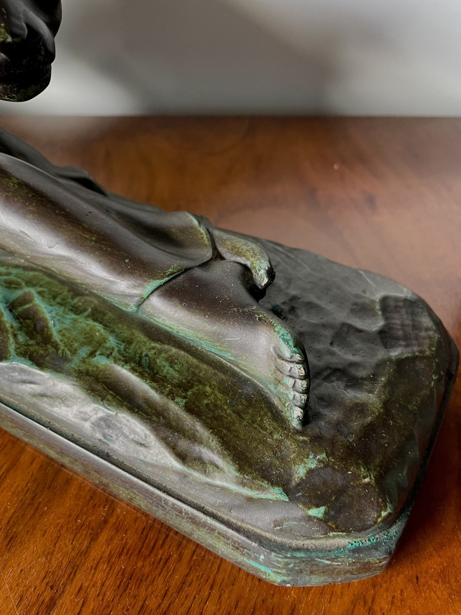 M. Secondo, Woman With Panther, Art Deco Plaster Signed And Dated 1928, Medal Patina -green,-photo-3