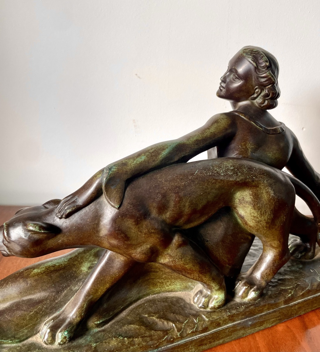 M. Secondo, Woman With Panther, Art Deco Plaster Signed And Dated 1928, Medal Patina -green,-photo-5