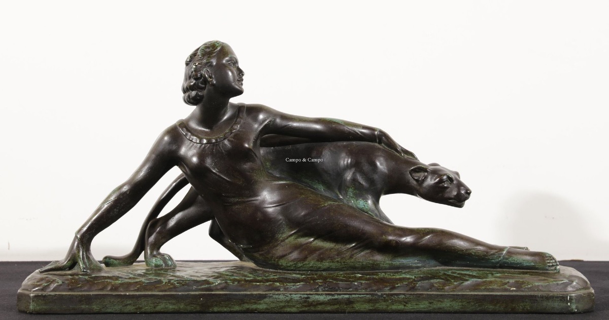 M. Secondo, Woman With Panther, Art Deco Plaster Signed And Dated 1928, Medal Patina -green,-photo-7