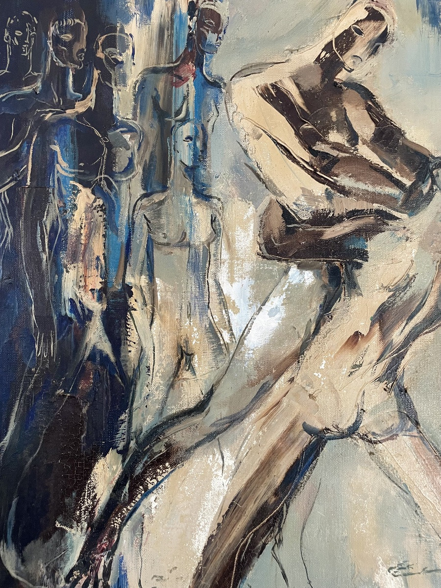 Paul Daxhelet (1905-1993), les lutteurs, hst, signée, ca 1960, dim:70,5x70,5 cm,  encadré.-photo-3