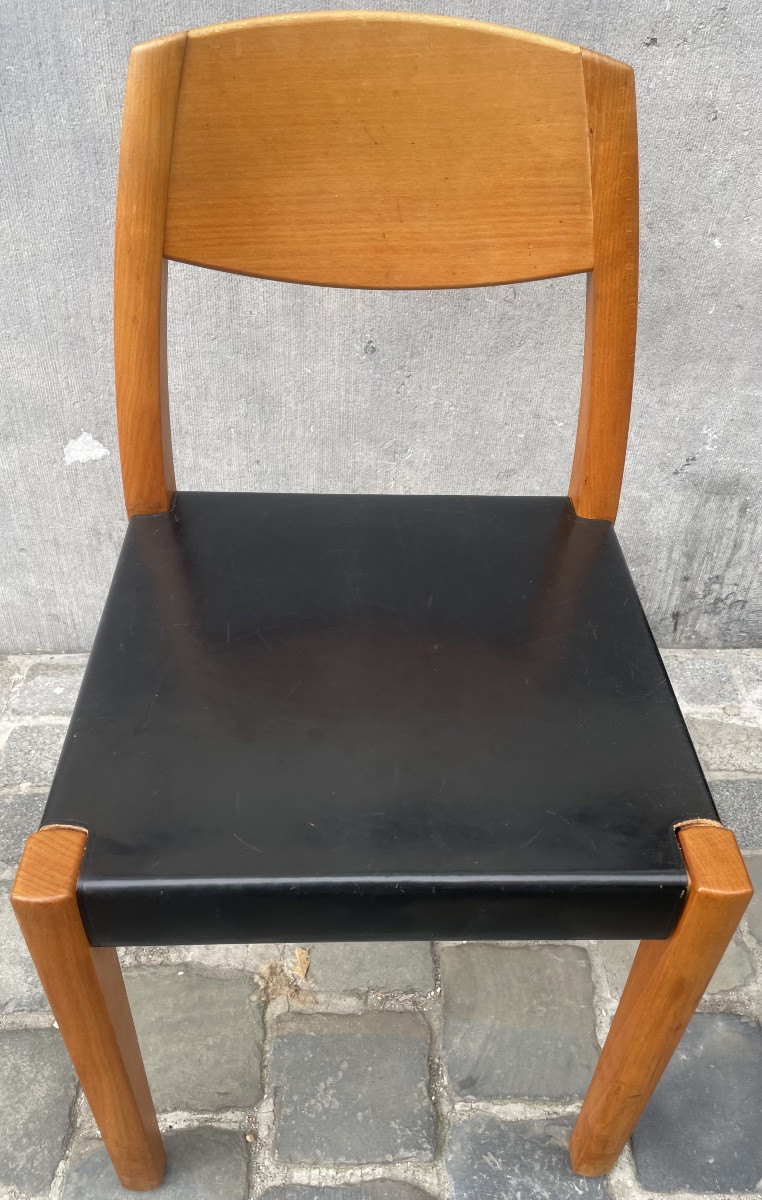 D. Seltz, Set Of 6 Solid Beech Chairs, Black Leather Seat, Ca 1990 -photo-2