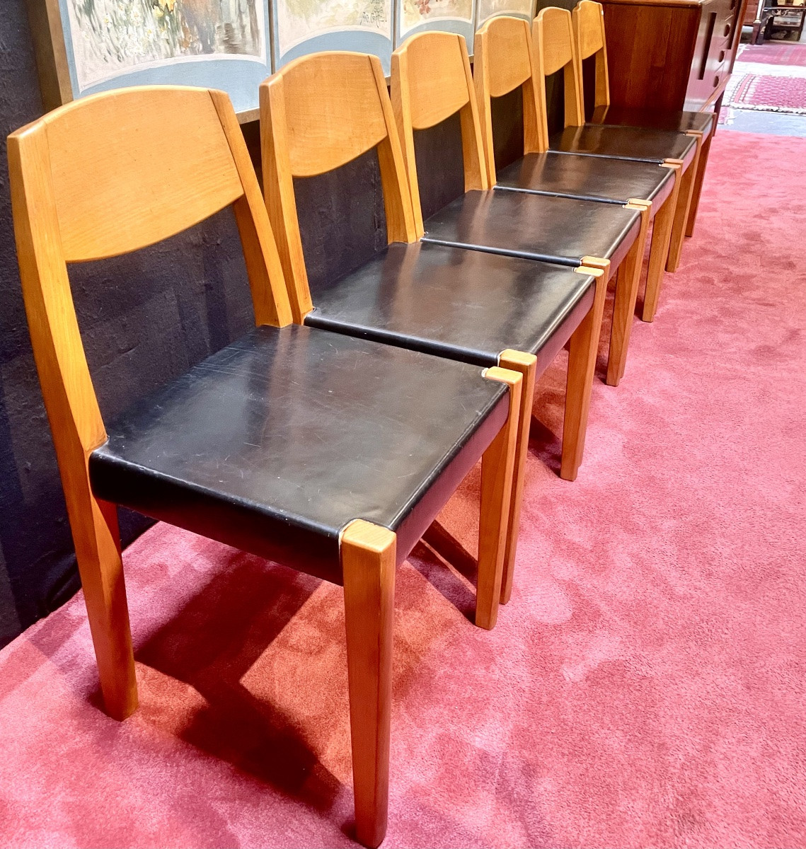 D. Seltz, Set Of 6 Solid Beech Chairs, Black Leather Seat, Ca 1990 -photo-2