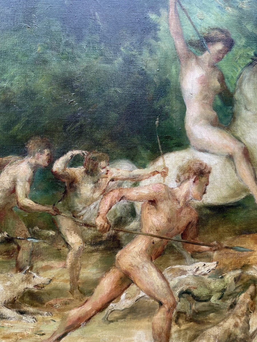 J.F. Brémond (1807-1868), la chasse aux cerfs, hst, signée, 1849, dim: 120x178cm, encadrée -photo-3