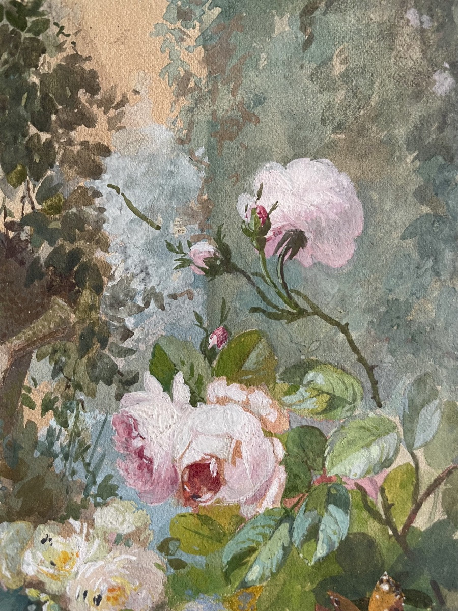 Edouard Pourchet (1839-1888), Still Life With Roses, Fine Watercolor, Signed, 1873, Framed -photo-1