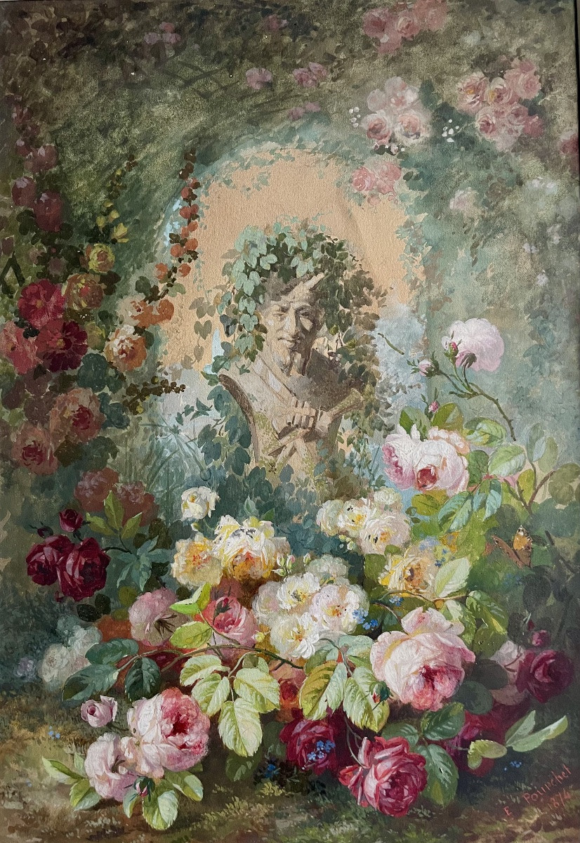 Edouard Pourchet (1839-1888), Still Life With Roses, Fine Watercolor, Signed, 1873, Framed -photo-2