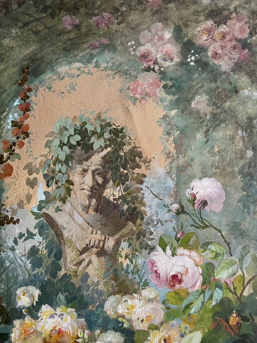 Edouard Pourchet (1839-1888), Still Life With Roses, Fine Watercolor, Signed, 1873, Framed -photo-3