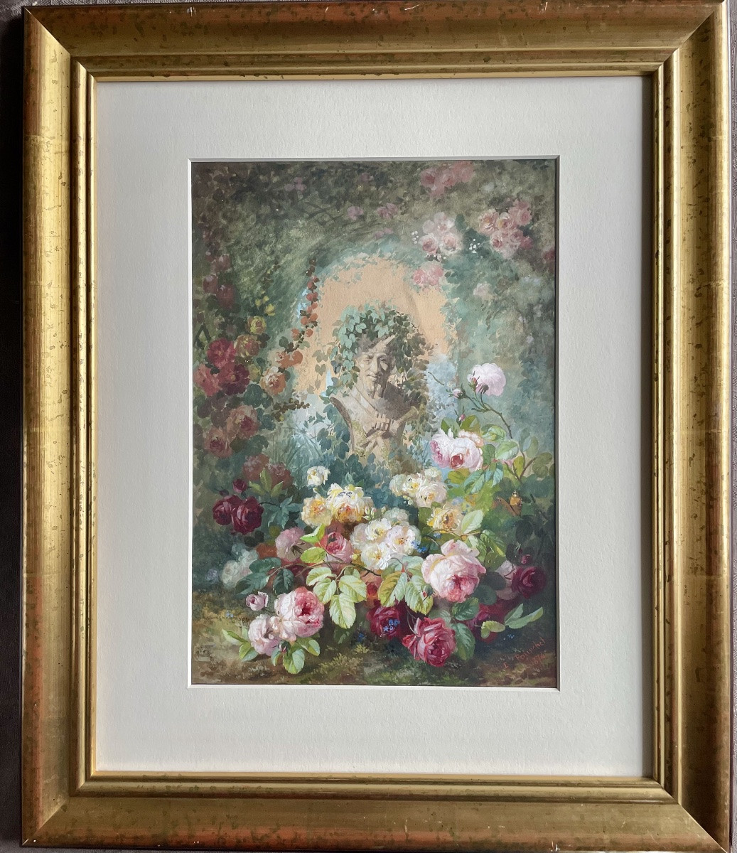 Edouard Pourchet (1839-1888), Still Life With Roses, Fine Watercolor, Signed, 1873, Framed -photo-8