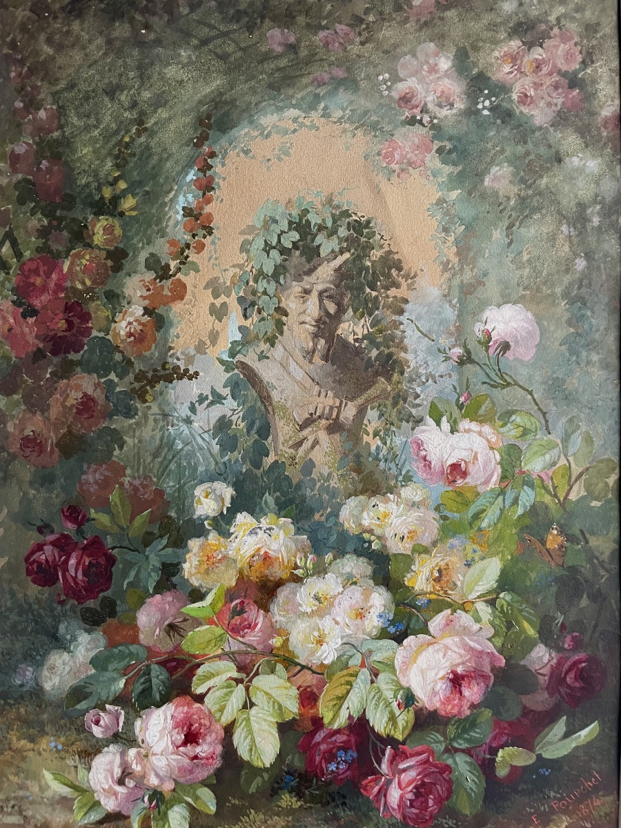 Edouard Pourchet (1839-1888), Still Life With Roses, Fine Watercolor, Signed, 1873, Framed 