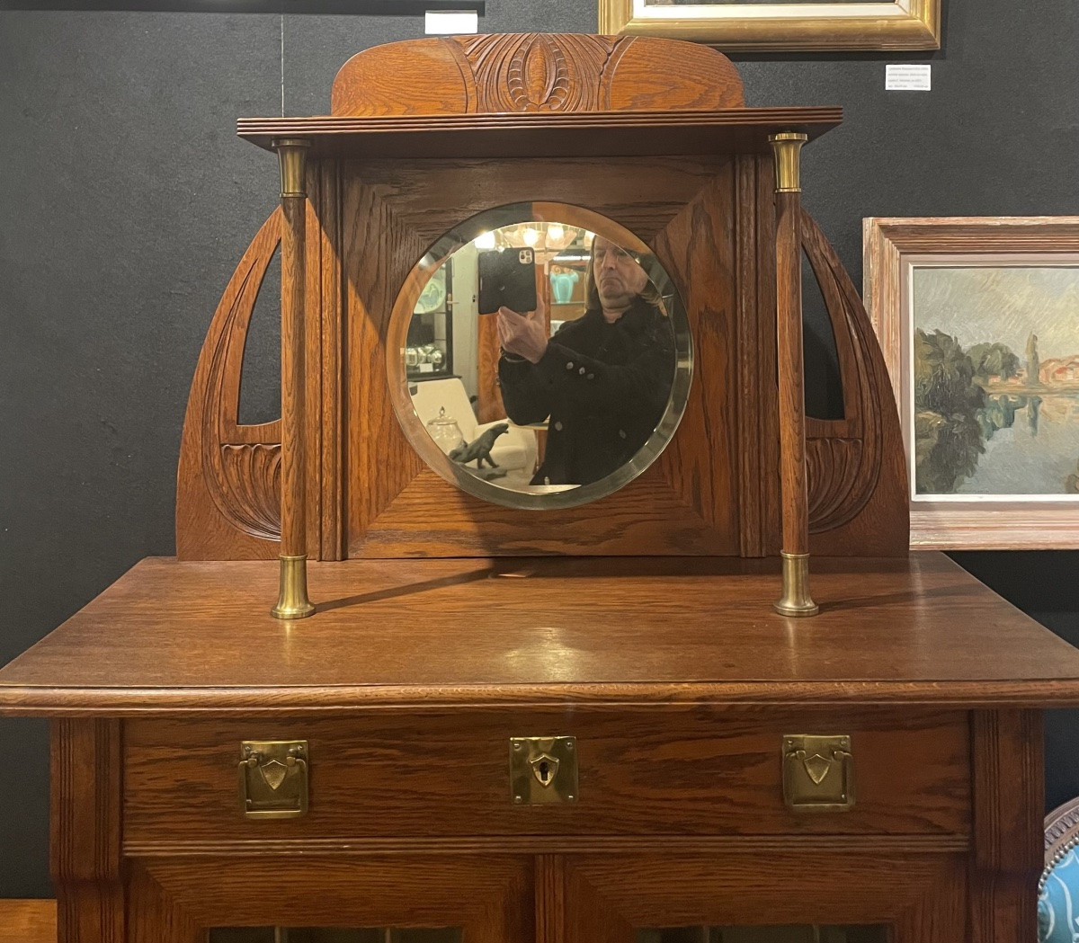 Art Nouveau Oak Display Cabinet With Mirror, Two-door Display Case, Dimensions: 195x95x45 Cm.-photo-2