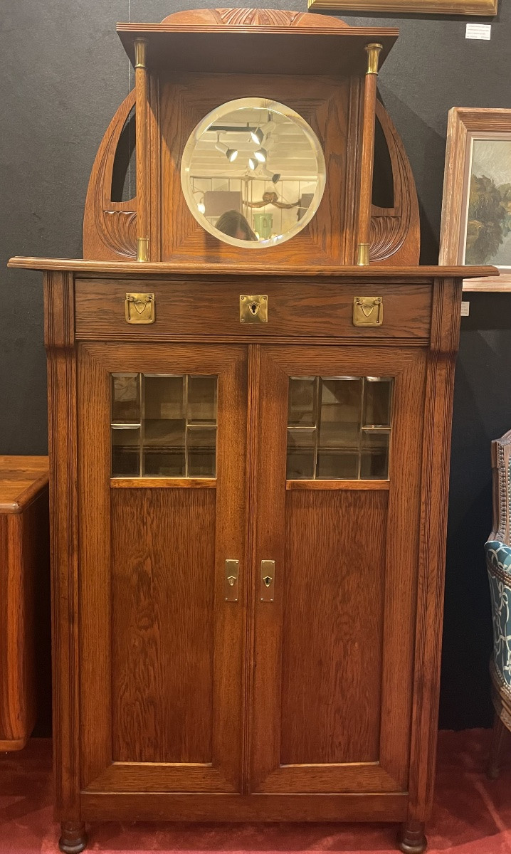 Art Nouveau Oak Display Cabinet With Mirror, Two-door Display Case, Dimensions: 195x95x45 Cm.-photo-3