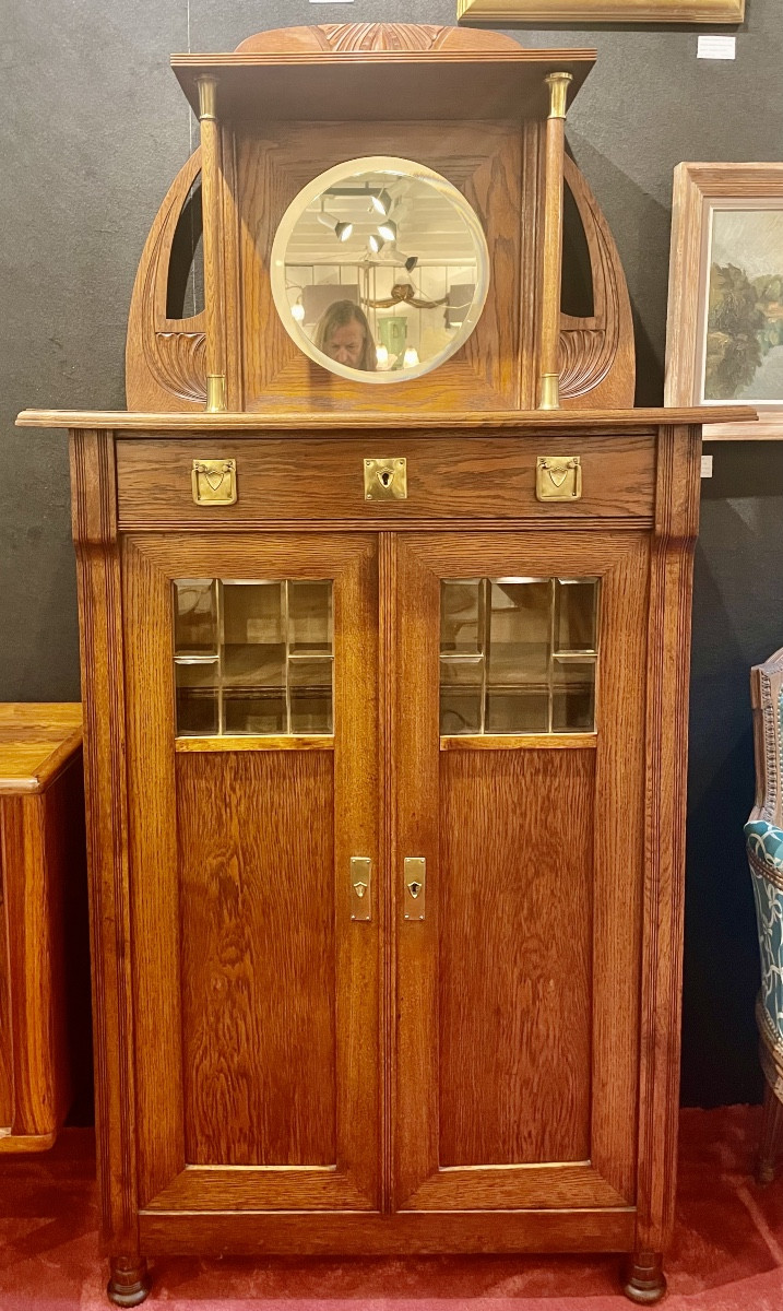Art Nouveau Oak Display Cabinet With Mirror, Two-door Display Case, Dimensions: 195x95x45 Cm.