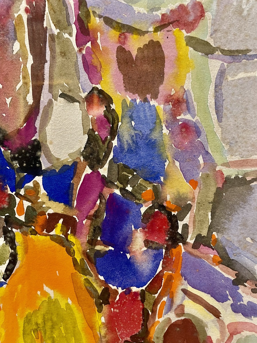 Claude Maréchal (1925-2009), le marché aux fleurs, aquarelle sur papier, signée, 1961, encadrée-photo-2