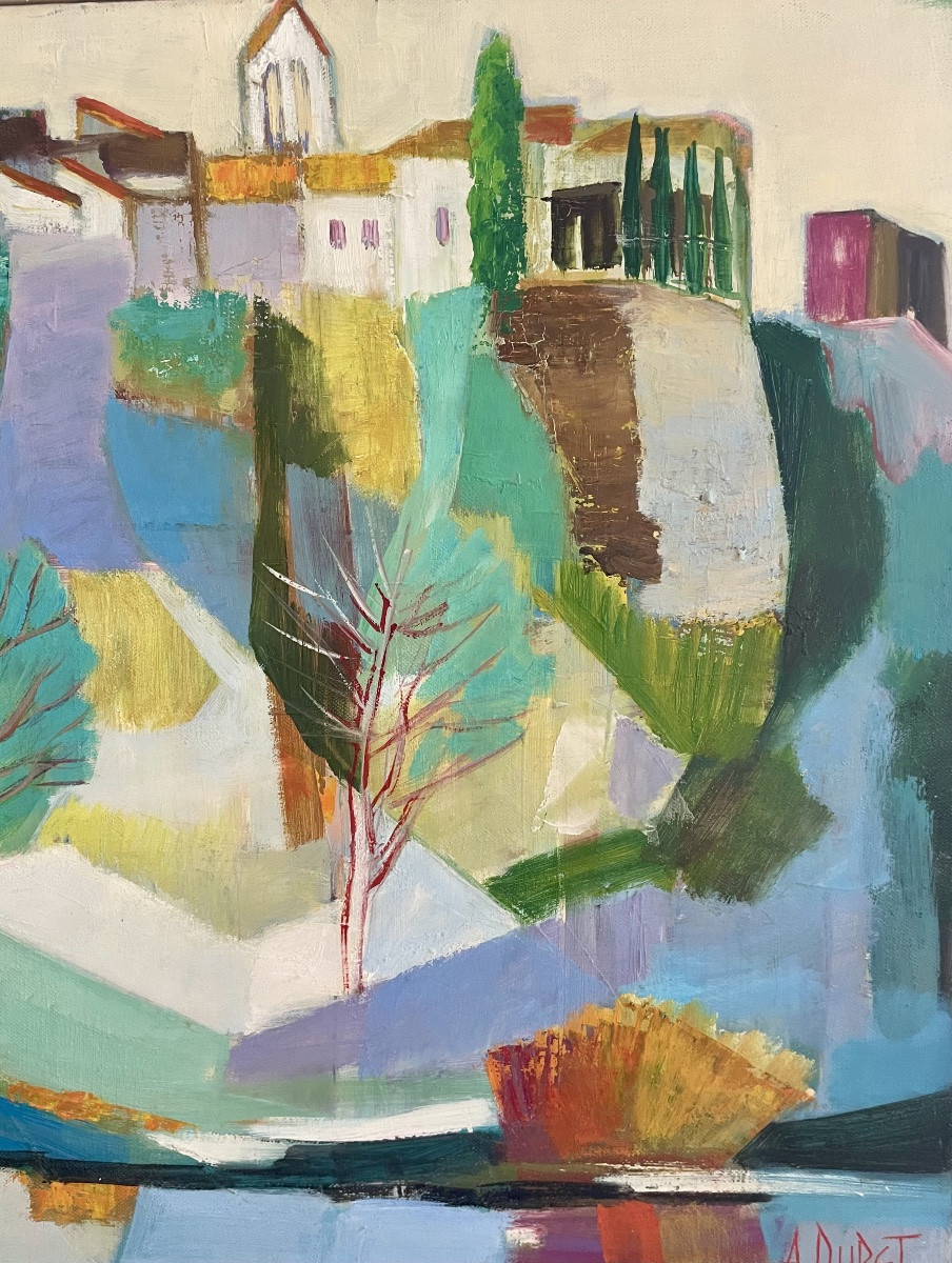 André Duret (1921-2014), Le Village Perché, Oil On Canvas, Signed, Ca. 1980, Framed.-photo-2