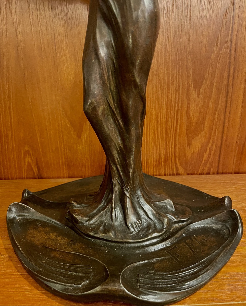 Francesco Flora (1857-..), miroir Art Nouveau, régule patine brune, signé, ca 1910, 51x31cm.-photo-5