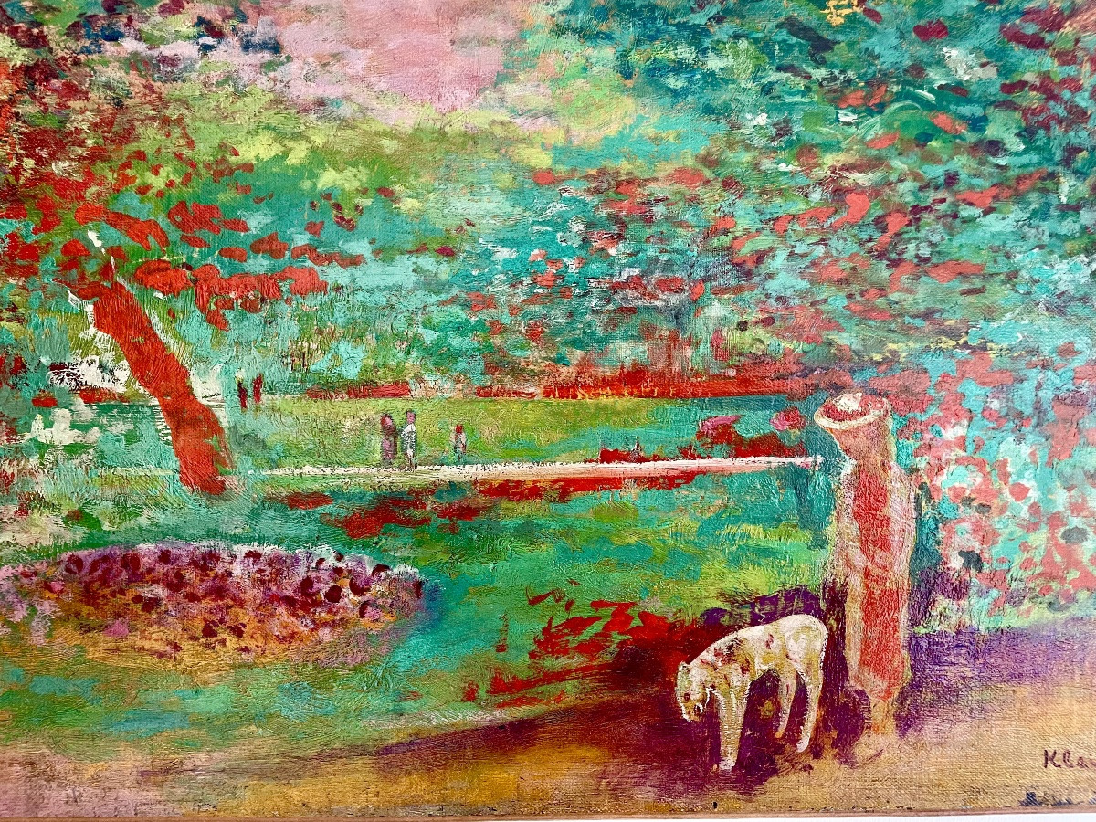 Paul Georges Klein (1909-1994), Stroll In The Park, Oil On Canvas, Signed, Ca1955, Size:37x51cm-photo-5