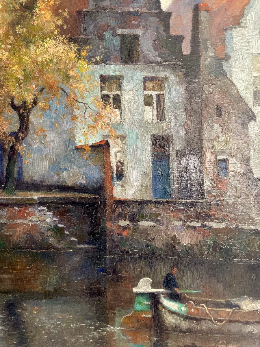 Julien Célia (1884-1953), le canal à Bruges,  huile/toile, signée, ca 1935, 66x55 cm, encadrée.-photo-4