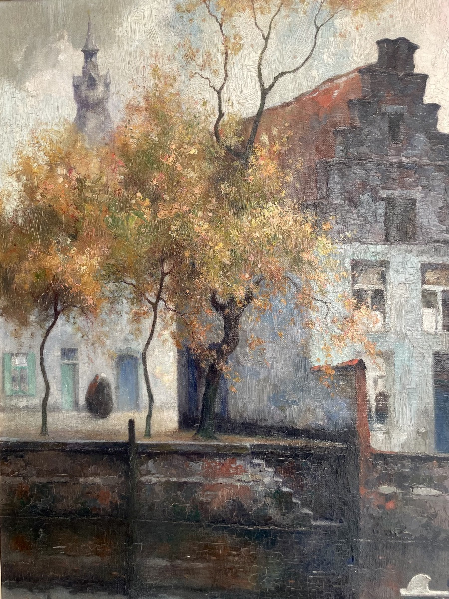 Julien Célia (1884-1953), le canal à Bruges,  huile/toile, signée, ca 1935, 66x55 cm, encadrée.-photo-5