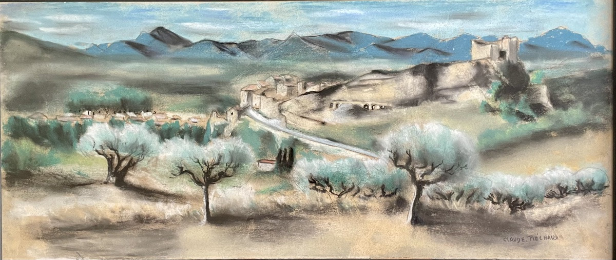 Claude Piéchaud(1928-2008), vue sur les Alpilles, pastel/papier, signé, ca 1965, 28x64,5 cm.-photo-2