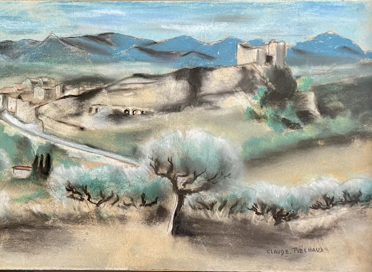 Claude Piéchaud(1928-2008), vue sur les Alpilles, pastel/papier, signé, ca 1965, 28x64,5 cm.-photo-4