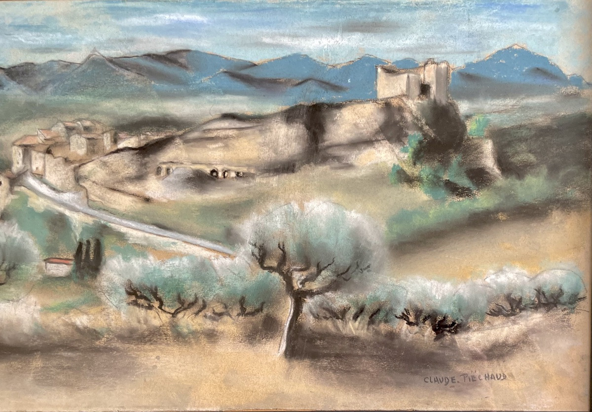 Claude Piéchaud(1928-2008), vue sur les Alpilles, pastel/papier, signé, ca 1965, 28x64,5 cm.-photo-1