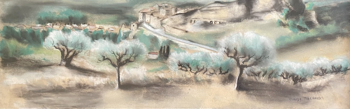 Claude Piéchaud(1928-2008), vue sur les Alpilles, pastel/papier, signé, ca 1965, 28x64,5 cm.-photo-3