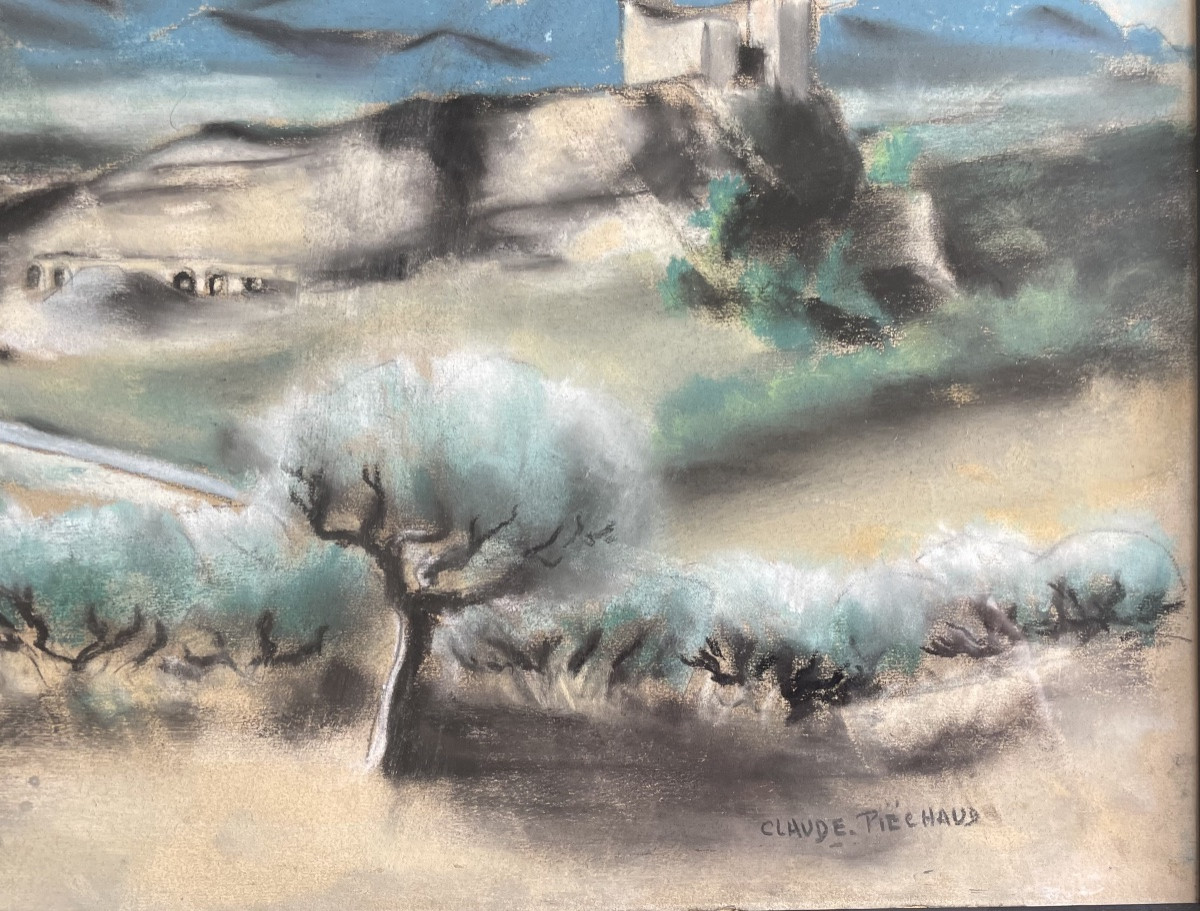 Claude Piéchaud(1928-2008), vue sur les Alpilles, pastel/papier, signé, ca 1965, 28x64,5 cm.-photo-5