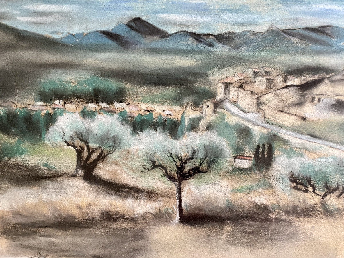 Claude Piéchaud(1928-2008), vue sur les Alpilles, pastel/papier, signé, ca 1965, 28x64,5 cm.-photo-6