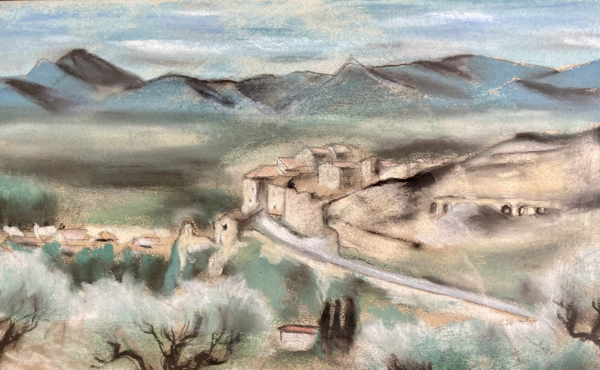 Claude Piéchaud(1928-2008), vue sur les Alpilles, pastel/papier, signé, ca 1965, 28x64,5 cm.-photo-7