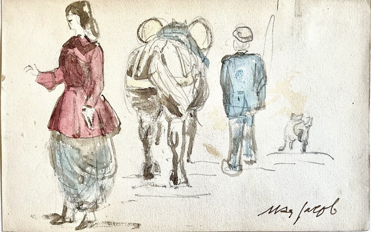 Max Jacob (1876-1944), scène rurale bretonne, aquarelle sur papier, signée, ca 1925, encadrée.-photo-2