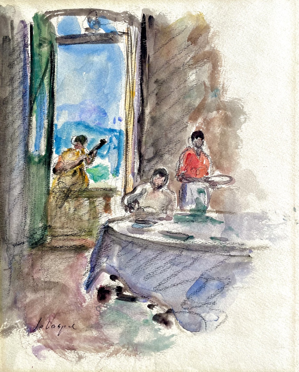 Henri Lebasque (1865-1937), intérieur au guitariste, aquarelle/fusain, signée, ca1925, 24x19 cm-photo-2
