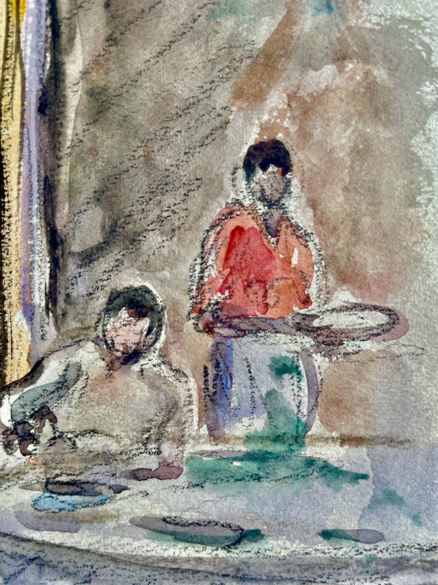 Henri Lebasque (1865-1937), intérieur au guitariste, aquarelle/fusain, signée, ca1925, 24x19 cm-photo-3